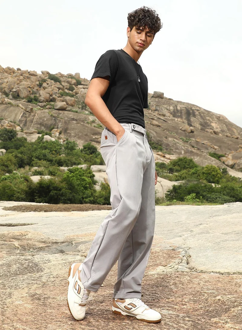 Campus Sutra  Men's Cloud Grey Extended-Waistband Straight Trousers for Men | Best Price UAE