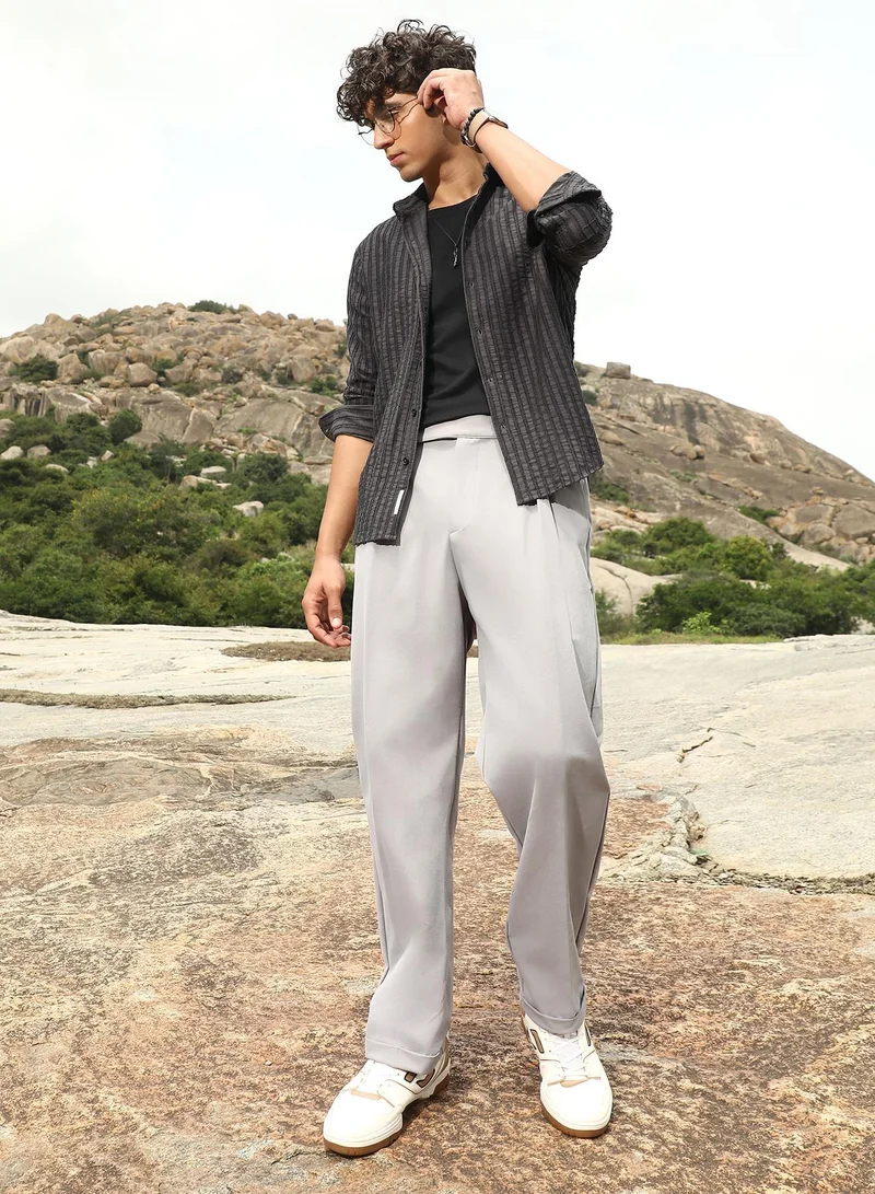 Campus Sutra  Men's Cloud Grey Extended-Waistband Straight Trousers for Men | Best Price UAE