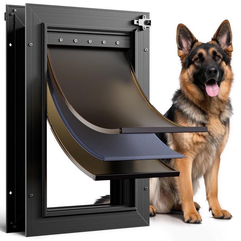 PETCOMING Dog Door for Door All Aluminum 3 Flaps Black, Large Dog Doggy Doggie Door, Heavy Duty Pet Door for Dogs Cats, with Insulation Flap, Telescoping Tunnel, Sliding Closing Panel, for Pets Up to 110lb - Image 1