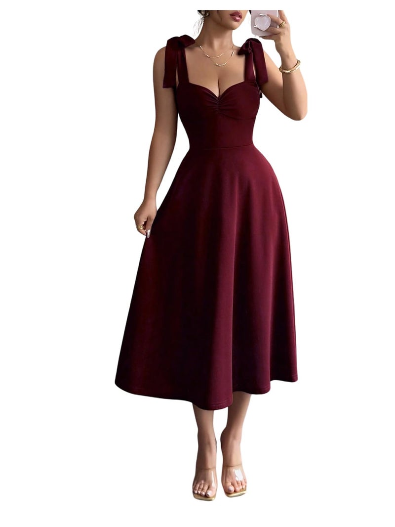 Floerns Women's Elegant Wedding Guest Dresses Bow Flare Ruffle Cocktail Party Summer Midi Dress Burgundy Small - Image 1