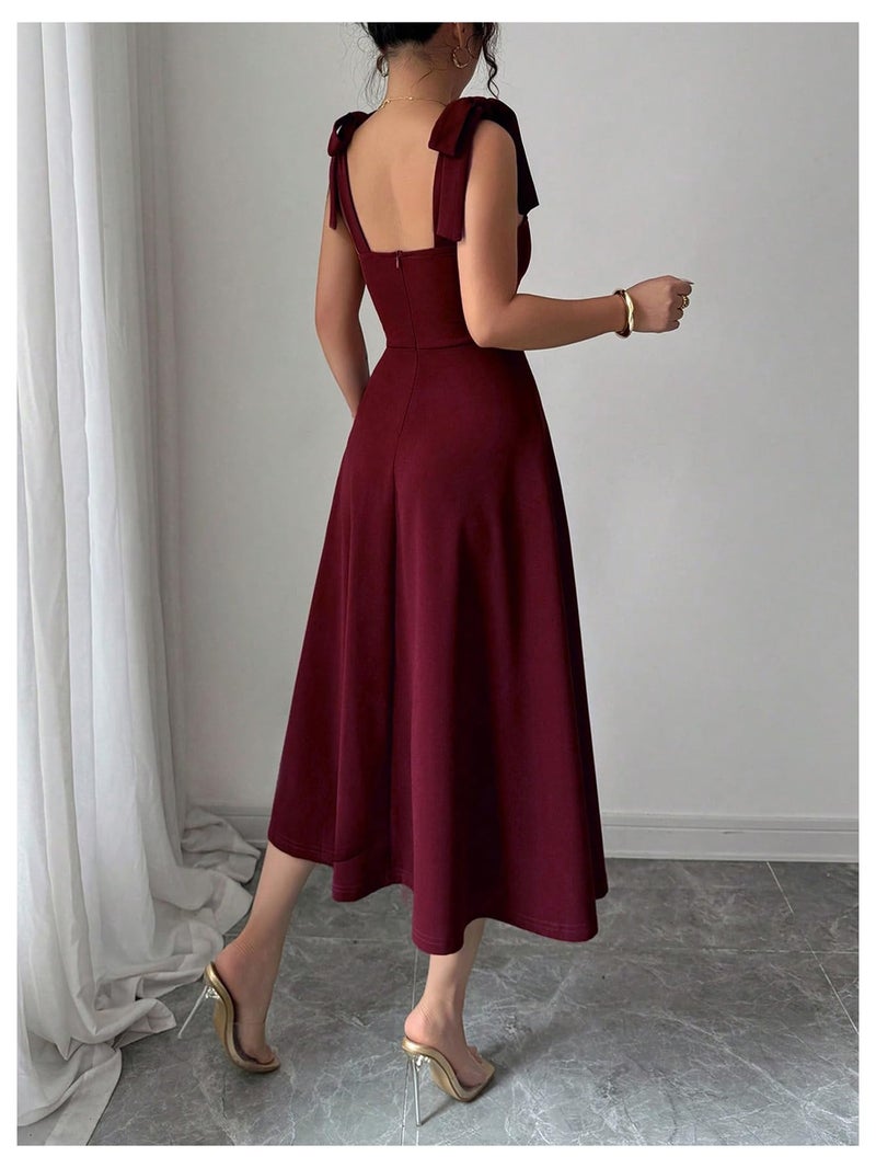 Floerns Women's Elegant Wedding Guest Dresses Bow Flare Ruffle Cocktail Party Summer Midi Dress Burgundy Small - Image 3