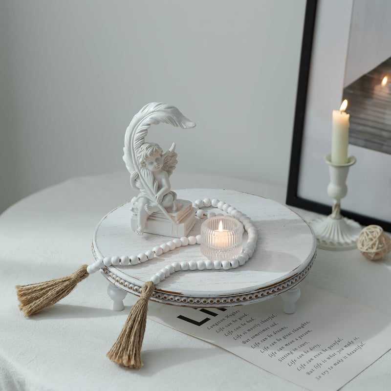 Hanobe Round Decorative Tray Stand: White Beaded Wood Pedestal Risers Farmhouse Circle Display Holder for Coffee Table Home Decor Kitchen Bathroom Counter - Image 4