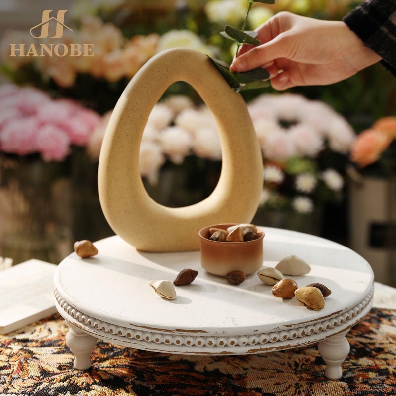 Hanobe Round Decorative Tray Stand: White Beaded Wood Pedestal Risers Farmhouse Circle Display Holder for Coffee Table Home Decor Kitchen Bathroom Counter - Image 3