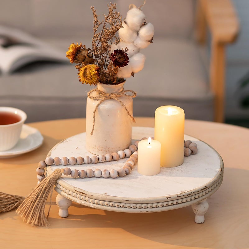Hanobe Round Decorative Tray Stand: White Beaded Wood Pedestal Risers Farmhouse Circle Display Holder for Coffee Table Home Decor Kitchen Bathroom Counter - Image 5