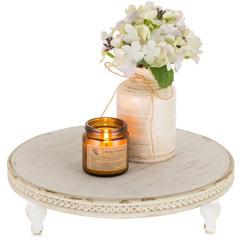 Hanobe Round Decorative Tray Stand: White Beaded Wood Pedestal Risers Farmhouse Circle Display Holder for Coffee Table Home Decor Kitchen Bathroom Counter - Image 1