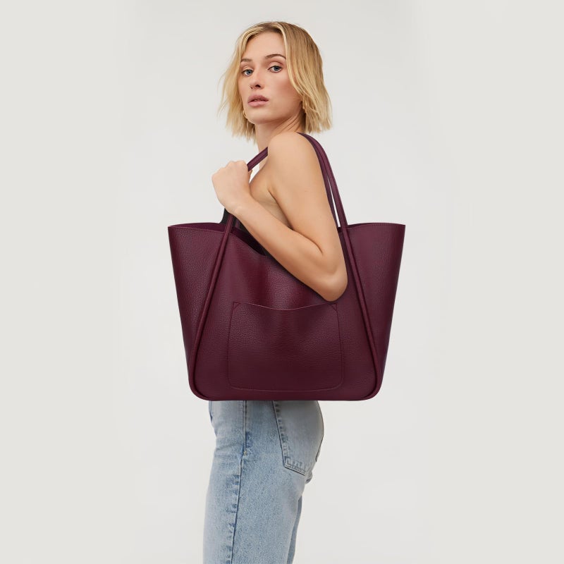 KKXIU Tote Bag for Women Vegan Leather Shoulder Purse Large Capacity Travel Bag - Wine - Image 2