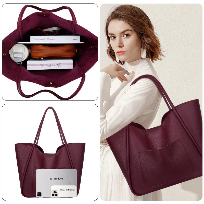 KKXIU Tote Bag for Women Vegan Leather Shoulder Purse Large Capacity Travel Bag - Wine - Image 5
