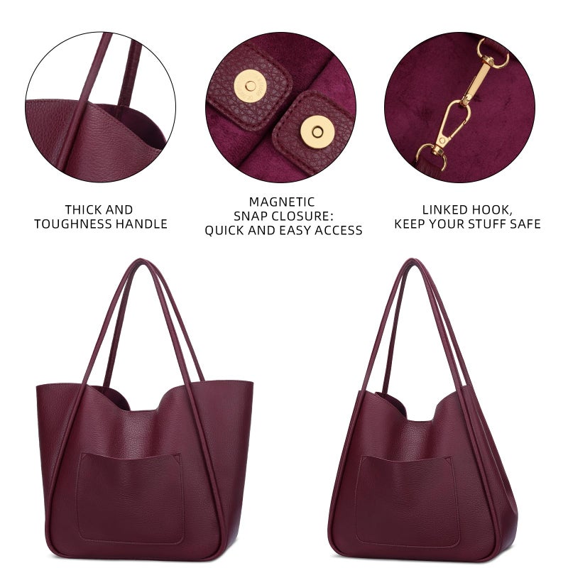 KKXIU Tote Bag for Women Vegan Leather Shoulder Purse Large Capacity Travel Bag - Wine - Image 4