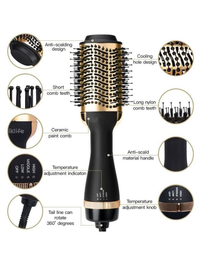 PROMASS Hair Dryer Brush For Styling And Frizz Control Negative Ionic Hot Air Brush Volumizer Ceramic Coating Gold - Image 2