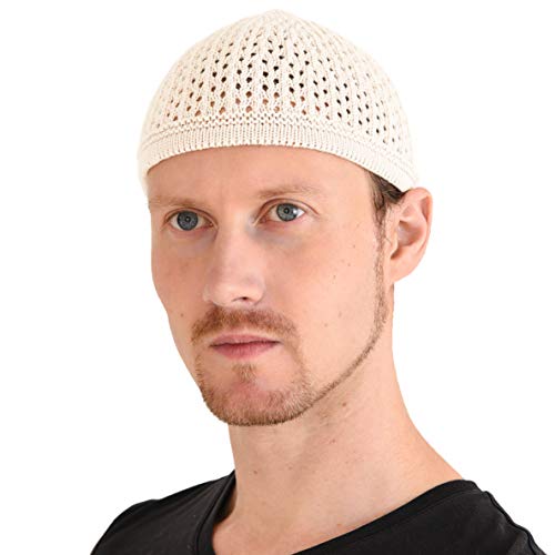Charm 100% Cotton Skull Caps for Men, Knit Kufi Hat for Muslim Prayer, Women's Mesh Crochet Beanie, Ideal Head Wear During Summer White - Image 1