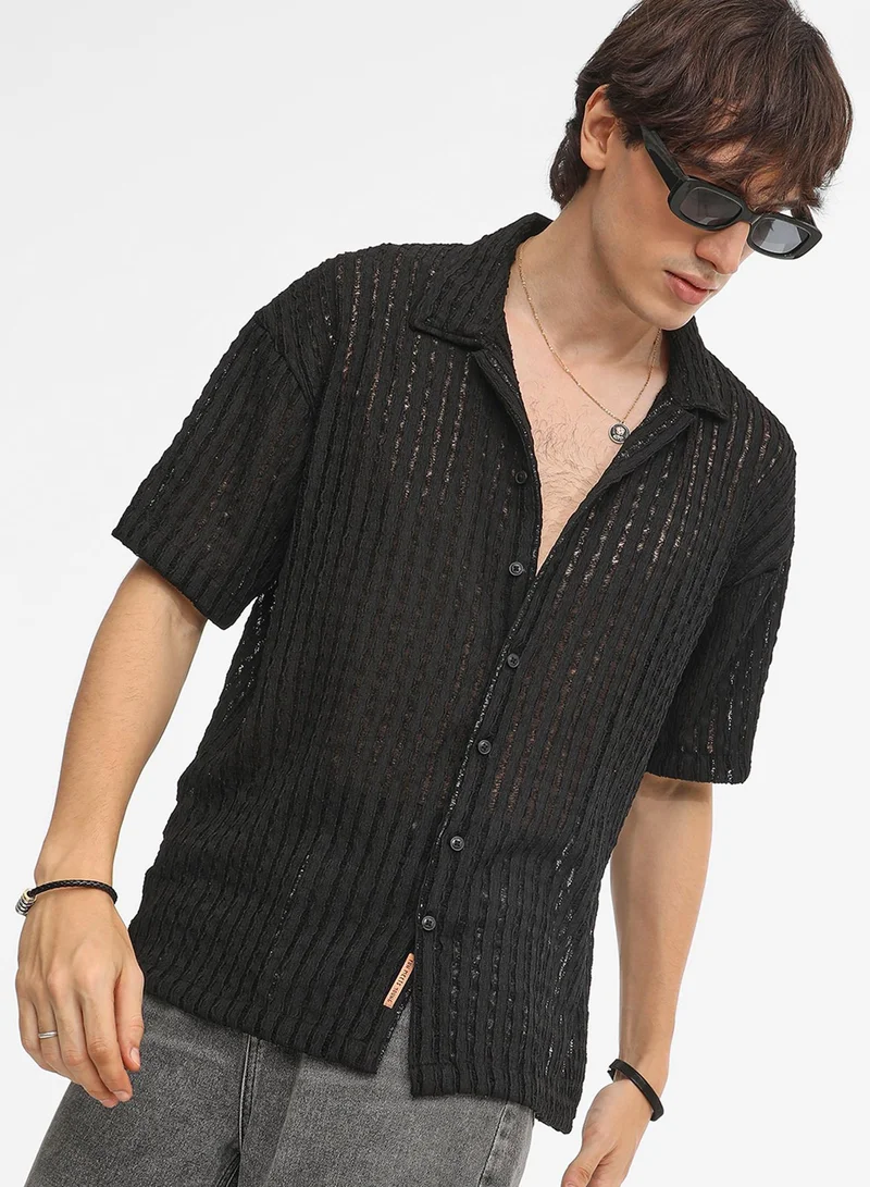Campus Sutra Men's Onyx Black Striped Knit Oversized Shirt For Casual Wear | Cuban Collar | Short Sleeve | Button Closure | Oversized Shirt Crafted With Comfort Fit For Everyday Wear