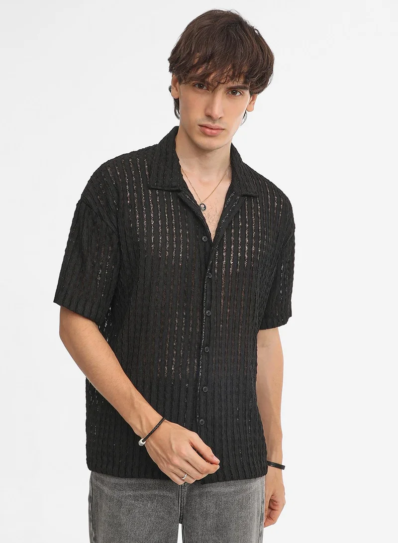 Campus Sutra Men's Onyx Black Striped Knit Oversized Shirt For Casual Wear | Cuban Collar | Short Sleeve | Button Closure | Oversized Shirt Crafted With Comfort Fit For Everyday Wear