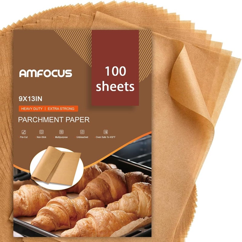 AMFOCUS Parchment Paper Sheets, 9x13 In Non-Stick Precut Baking Parchment for Baking, Grilling, Air Fryer, Steaming, and More (Unbleached) - Quarter Sheet Size, Perfect for Bread, Cakes, Cookies, 100PCS - Image 1