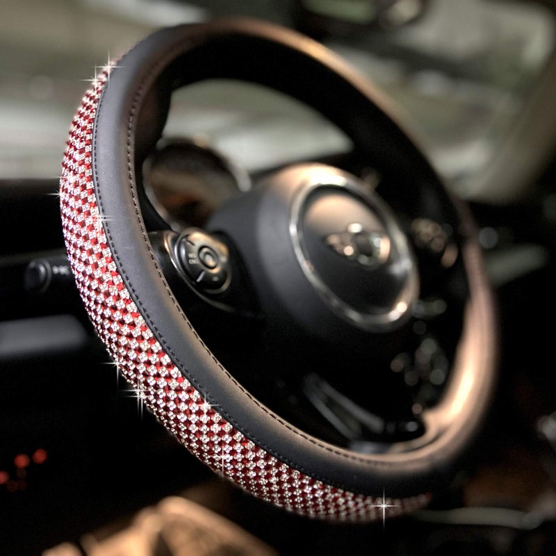 PINCTROT Bling Bling Comfy Steering Wheel Cover with Jumbo Crystal Rhinestones AntiSlip Diamond Leather Universal 15 Inch Red