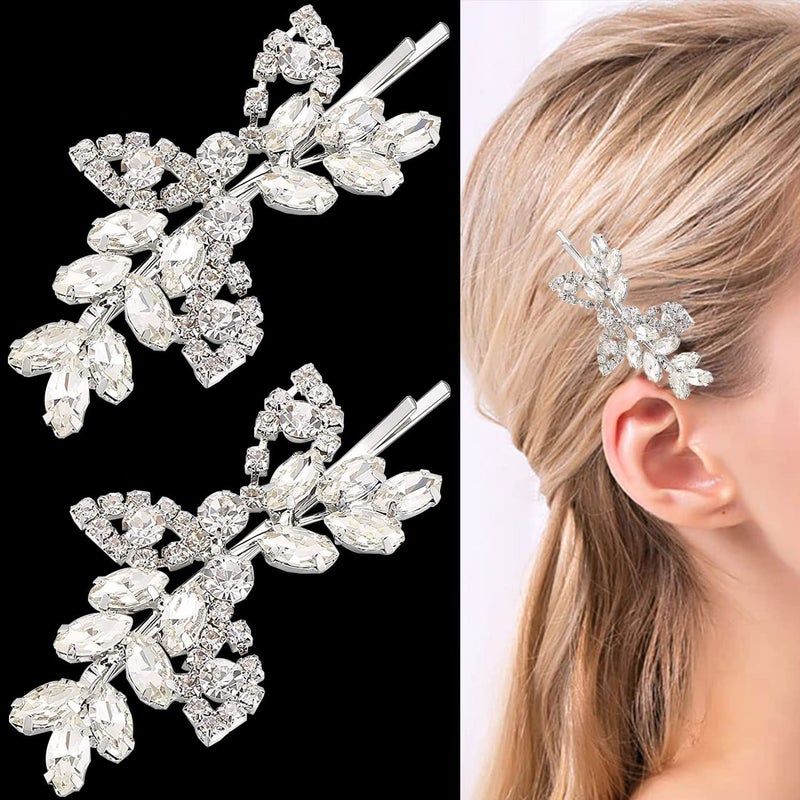La Jolie Jasmin 2 Pieces Rhinestone Bridal Hair Pins Leaf Bridal Wedding Hair Pins Crystal Hair Accessories Silver Rhinestone Jewelry Barrette for Brides Bridesmaids Flower Girls - Image 1