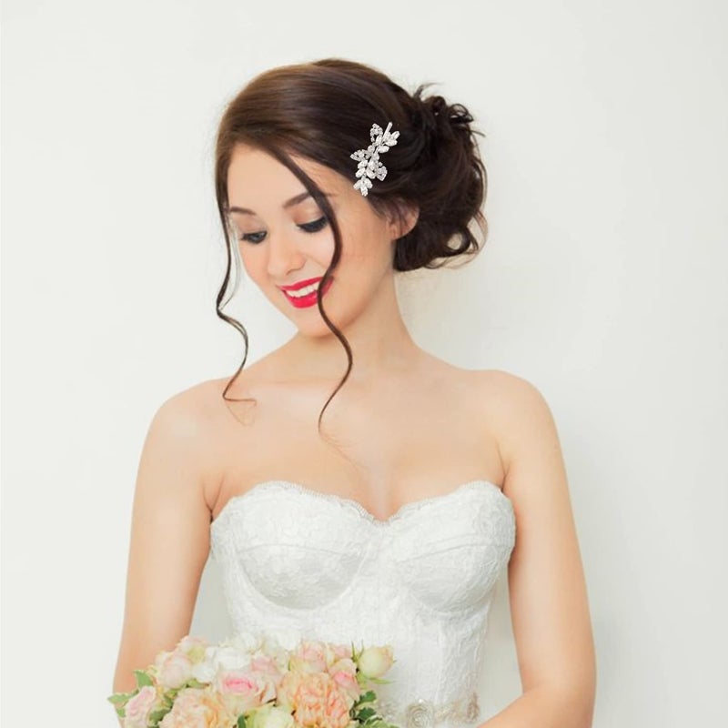 La Jolie Jasmin 2 Pieces Rhinestone Bridal Hair Pins Leaf Bridal Wedding Hair Pins Crystal Hair Accessories Silver Rhinestone Jewelry Barrette for Brides Bridesmaids Flower Girls - Image 4