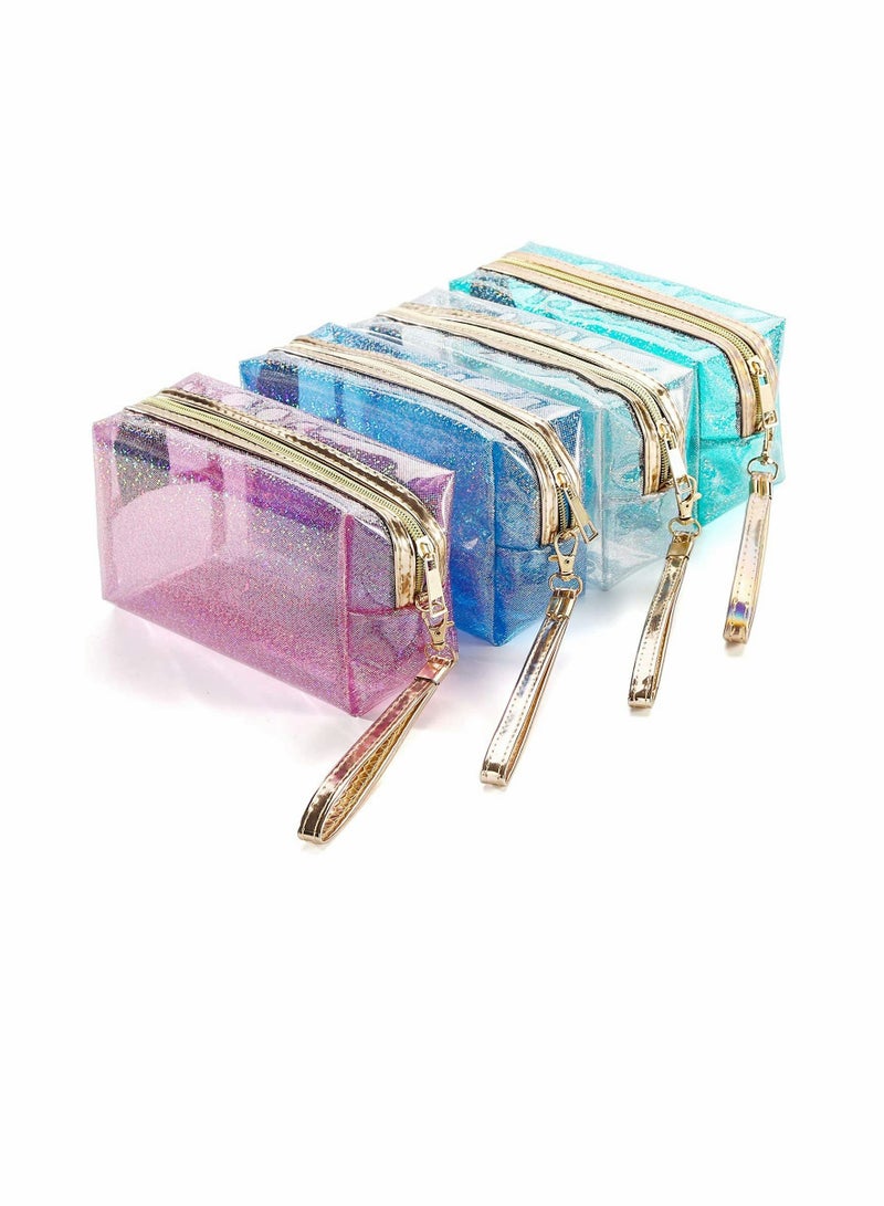 KASTWAVE 4Pcs Waterproof Cosmetic Bags PVC Transparent Zippered Toiletry Bag with Handle Strap Portable Clear Makeup Bag Pouch for Bathroom, Vacation and Organizing (2) - Image 1