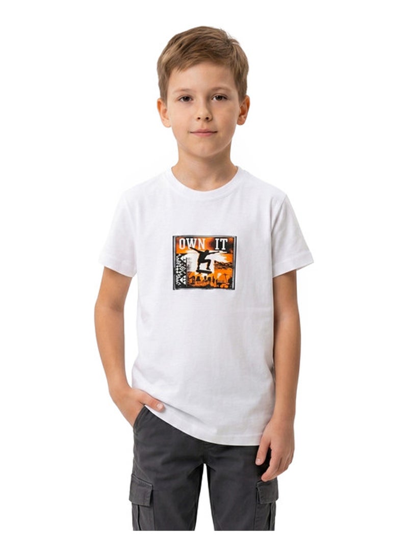 Andora Back Printed Cotton Boys T-Shirt - White - Image 1