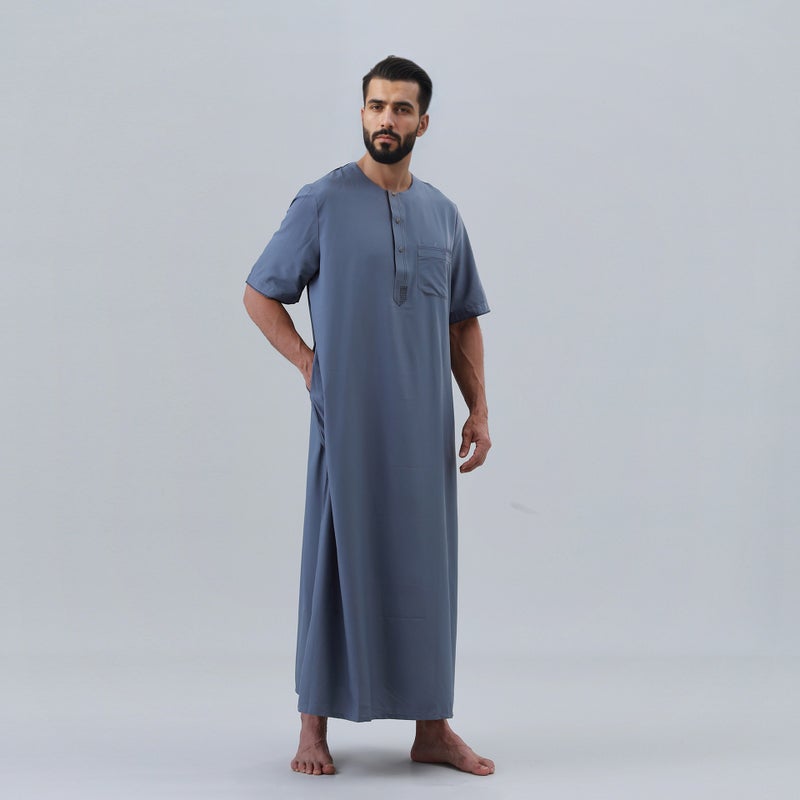 ثوب رجالي جديد بأكمام قصيرة ورقبة دائرية باللون الرمادي المائل إلى الأزرق، ملابس خارجية أساسية، رداء طويل - Image 5