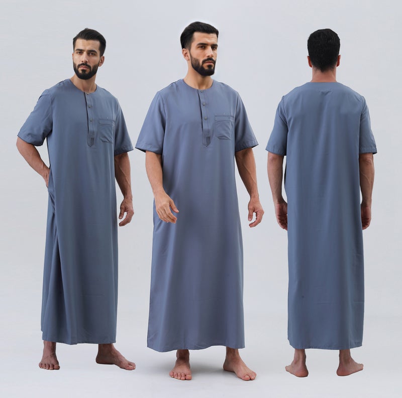 ثوب رجالي جديد بأكمام قصيرة ورقبة دائرية باللون الرمادي المائل إلى الأزرق، ملابس خارجية أساسية، رداء طويل - Image 3