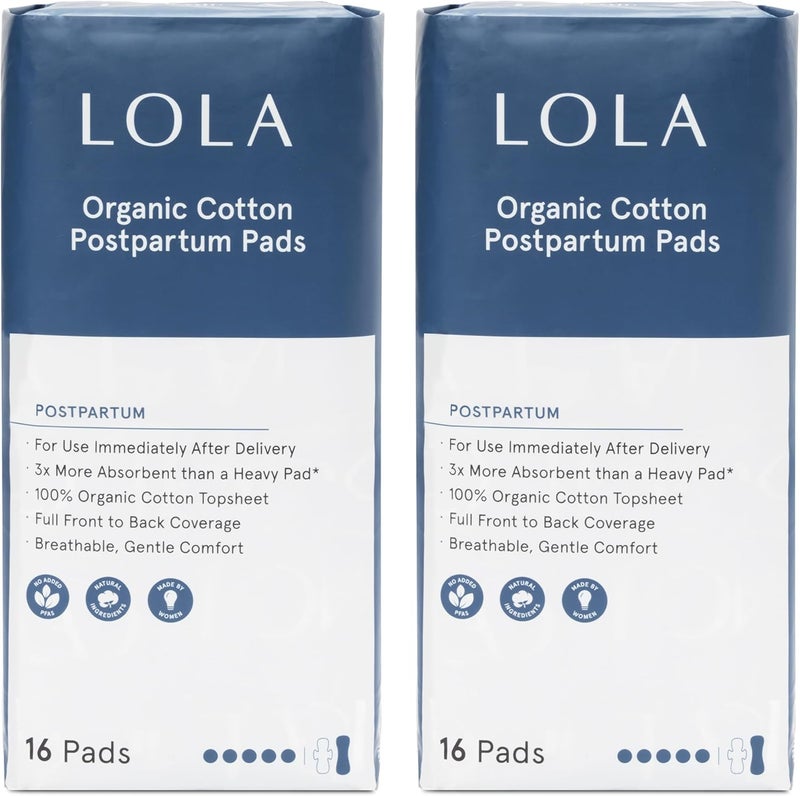 LOLA Organic Cotton Postpartum Pads  32 Count Ultra Absorbent and Extra Long Pads Overnight and Full Coverage Adult Incontinence Pad for Women Postpartum Essentials - Image 1