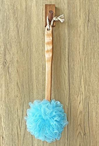 JINS-Hung Shower Loofah Body & Back Scrubber - Exfoliating Loofah luffa Bath Brush On a Stick - with Long Wooden Handle Back Brush for Men & Women - Easy Reach Body Wash & Lotion Applicator（ 2 Pack- Blue） - Image 2