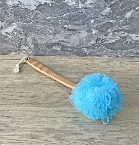 JINS-Hung Shower Loofah Body & Back Scrubber - Exfoliating Loofah luffa Bath Brush On a Stick - with Long Wooden Handle Back Brush for Men & Women - Easy Reach Body Wash & Lotion Applicator（ 2 Pack- Blue） - Image 4