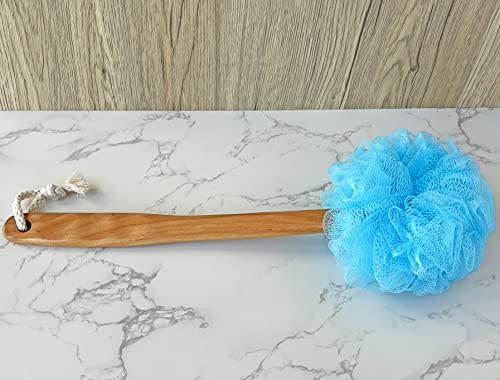 JINS-Hung Shower Loofah Body & Back Scrubber - Exfoliating Loofah luffa Bath Brush On a Stick - with Long Wooden Handle Back Brush for Men & Women - Easy Reach Body Wash & Lotion Applicator（ 2 Pack- Blue） - Image 3