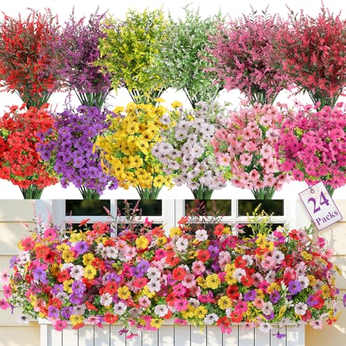 SHareconn 24 Bundles Artificial Flowers for Outdoors Faux Plants Fake Silk Colorful Daisy Eucalyptus Lavender UV Resistant for Outside Home Porch Patio Spring Decor RedRosyPurpleYellowPinkWhite - Image 1