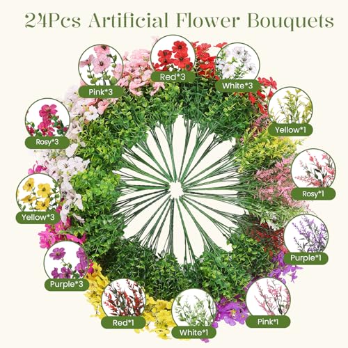 SHareconn 24 Bundles Artificial Flowers for Outdoors Faux Plants Fake Silk Colorful Daisy Eucalyptus Lavender UV Resistant for Outside Home Porch Patio Spring Decor RedRosyPurpleYellowPinkWhite - Image 3