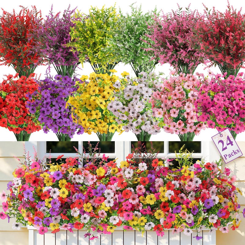 SHareconn 24 Bundles Artificial Flowers for Outdoors Faux Plants Fake Silk Colorful Daisy Eucalyptus Lavender UV Resistant for Outside Home Porch Patio Spring Decor RedRosyPurpleYellowPinkWhite - Image 2