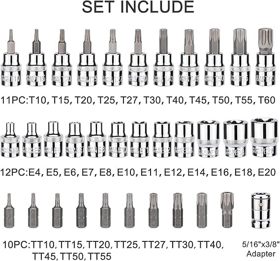 Artnery Drive Male Female Torx Bit Socket ETorx Star Socket Set CrV E Socket Set E420 S2 Torx Bit Socket Set T1060 Tamper Proof Torx Bit Set TT10TT55 516F to 38M adapter 34 Pieces - Image 2
