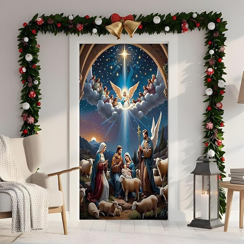 Christmas Nativity Scene Front Door Cover Fabric Religious Holiday Decorations - Image 4