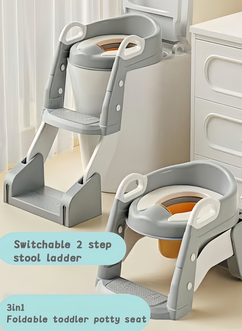 Baby Potty Training Seats ,Kids Toilet Training Seats with Step Stool, Folding 3-in-1 Toddler Potty Seats Splash Guard Potty Seats (Incl 1*Urinal, Works As Potty Seats or Toliet Ladder) with Handles Anti-Slip Height Adjustable ,Soft Cushion White for Kids Boys Girls - Image 1