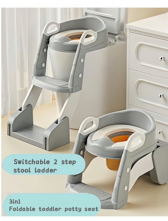 Baby Potty Training Seats ,Kids Toilet Training Seats with Step Stool, Folding 3-in-1 Toddler Potty Seats Splash Guard Potty Seats (Incl 1*Urinal, Works As Potty Seats or Toliet Ladder) with Handles Anti-Slip Height Adjustable ,Soft Cushion White for Kids Boys Girls - Image 1