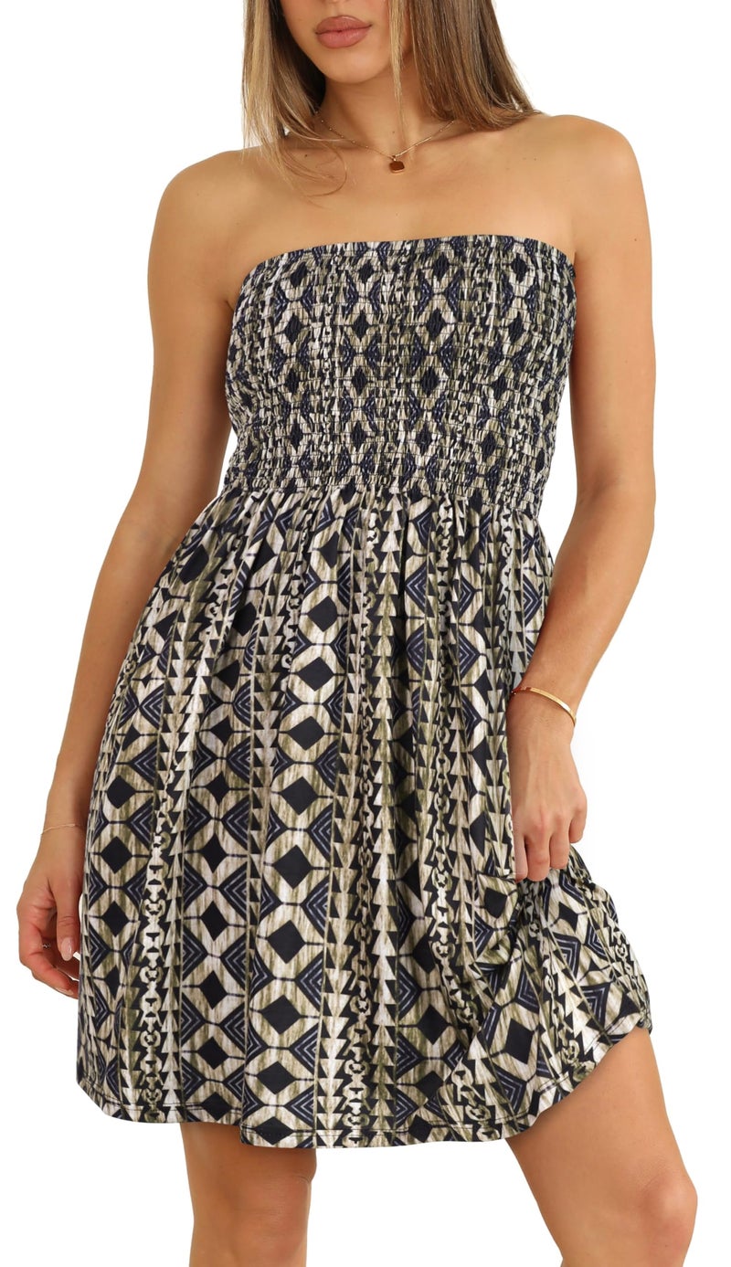 CHICGAL Summer Dresses for Women Hawaiian Sundress Casual Strapless Boho Kaftan Printed Sleeveless Tube Dresses(Geometric Pattern,M) - Image 2