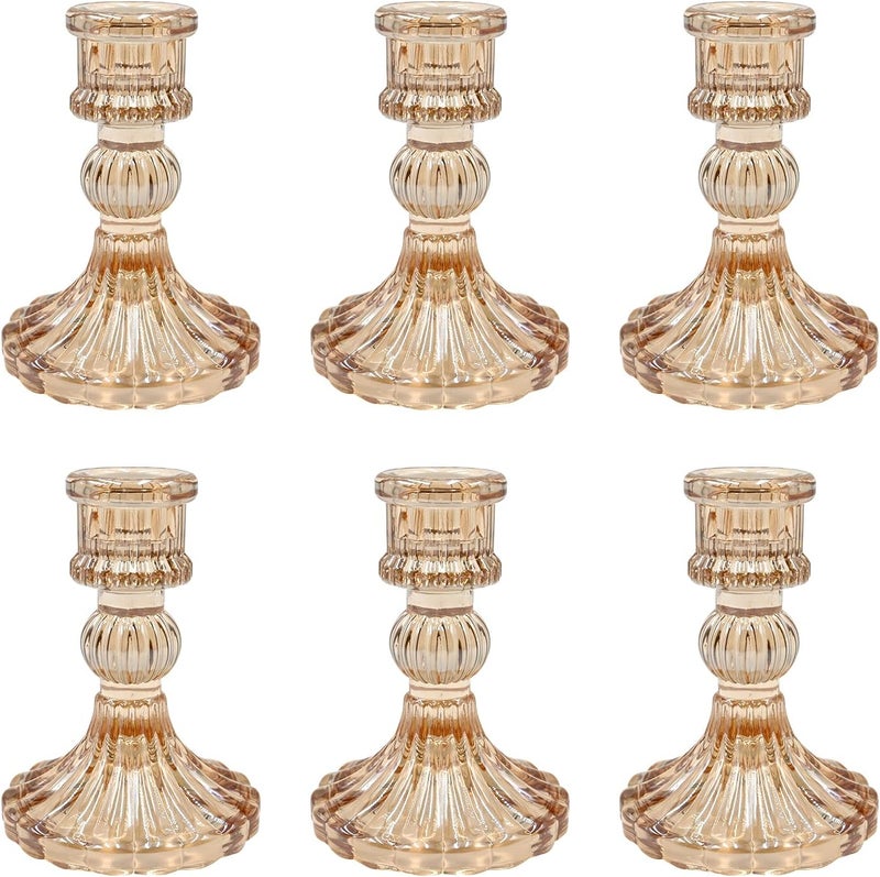 SHOWIN Dispersed regional warehouses Glass Candlestick Holders Set of 6, Champagne Stripe Taper Candle Holders for Table Centerpiece, Home Decorations, Valentine Day, Wedding and Party Odor resistant - Image 1