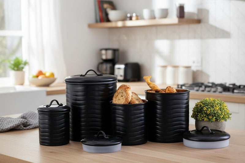 ALCU Matte Black Powder Coated Steel Kitchen Storage Canister Set – Large, Medium, Small & Extra Small, Kitchen Container Set, Airtight Jars, Storage Boxes, Canisters Set for Kitchens (Set of 4) - Image 1