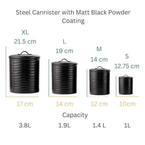 ALCU Matte Black Powder Coated Steel Kitchen Storage Canister Set – Large, Medium, Small & Extra Small, Kitchen Container Set, Airtight Jars, Storage Boxes, Canisters Set for Kitchens (Set of 4) - Image 3