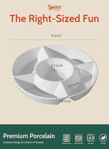 Sweese Porcelain Chip & Dip Serving Set - Divided Platter with 5 Compartments, Relish Tray for Snacks, Veggies, Candy - Durable, Microwave & Dishwasher Friendly - Elegant White Design for Parties - Image 2