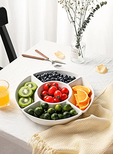 Sweese Porcelain Chip & Dip Serving Set - Divided Platter with 5 Compartments, Relish Tray for Snacks, Veggies, Candy - Durable, Microwave & Dishwasher Friendly - Elegant White Design for Parties - Image 3