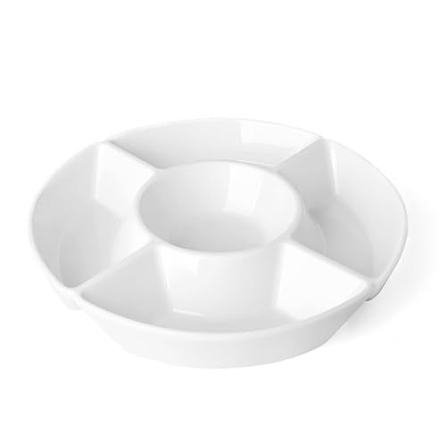 Sweese Porcelain Chip & Dip Serving Set - Divided Platter with 5 Compartments, Relish Tray for Snacks, Veggies, Candy - Durable, Microwave & Dishwasher Friendly - Elegant White Design for Parties - Image 1