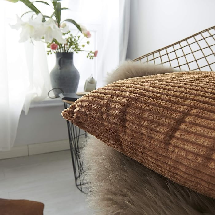 Guffaw/ Corduroy/Stripped/Luxury Cushion Covers Large Size 20"X20" INCHES (Brown, 1) - Image 4