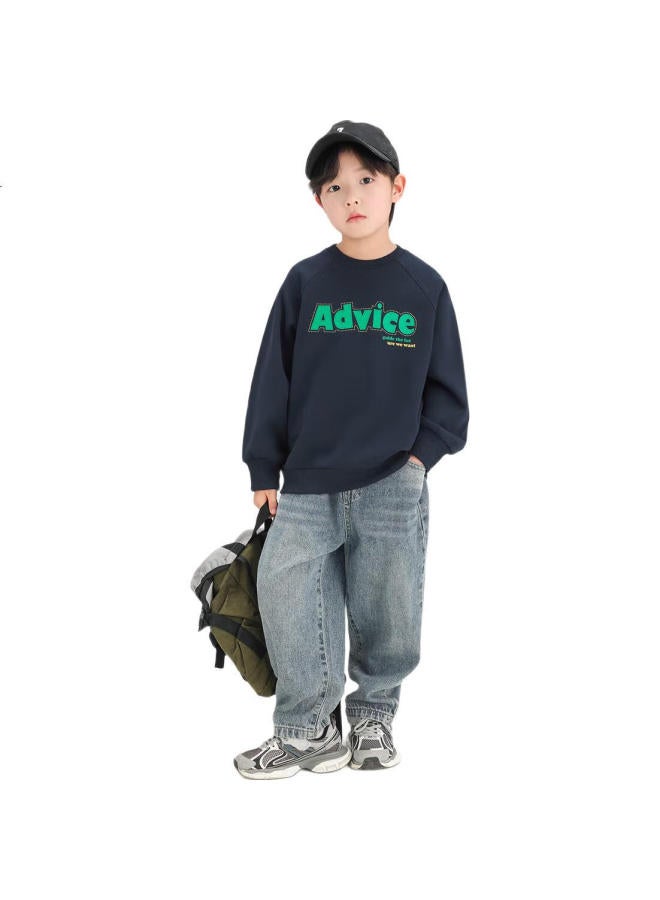 Zuoxi Boys' Round Neck Sweatshirt Children'S Spring And Autumn Clothing New Boys' Cool Top Navy Blue 110 - Image 2