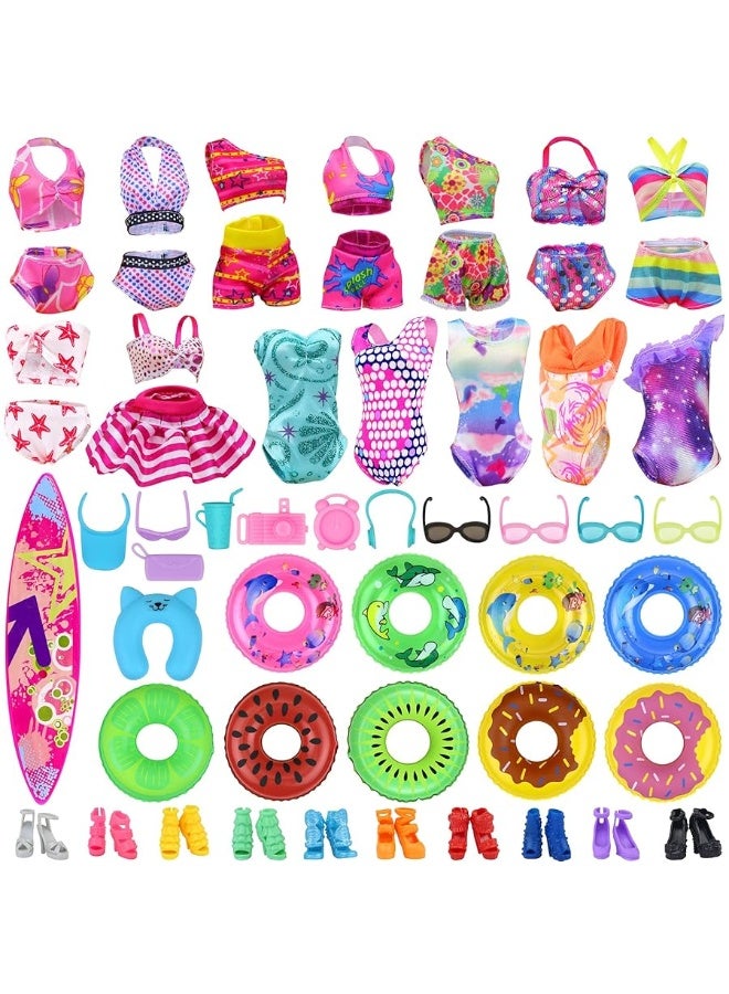 Ecore Fun 35 PCS Doll Clothes Swimwear Beach Bathing Kit Including 10 Bikini Swimsuit 2 Swimming Ring 4 Fashion Glasses 10 Pairs Shoes 1 Surf Skateboard 8 Doll Accessories for 11.5 Inch Doll - Image 4