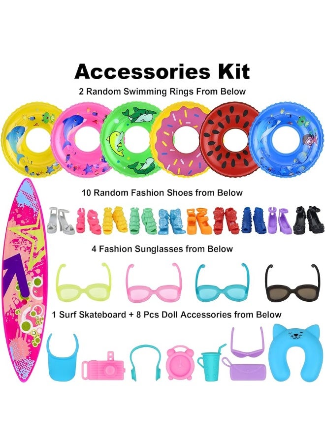 Ecore Fun 35 PCS Doll Clothes Swimwear Beach Bathing Kit Including 10 Bikini Swimsuit 2 Swimming Ring 4 Fashion Glasses 10 Pairs Shoes 1 Surf Skateboard 8 Doll Accessories for 11.5 Inch Doll - Image 5