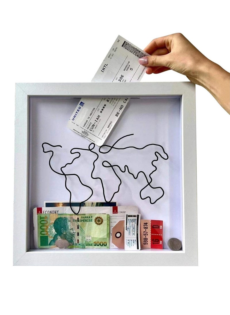 Travel Box for Memories, Adventure Archive Box, Small Shadow Box Frame, Travel Shadow Box with Slot Map, Travel Ticket Memory Box, World Map and Plane Design for Every Souveni, 8 in - Image 1