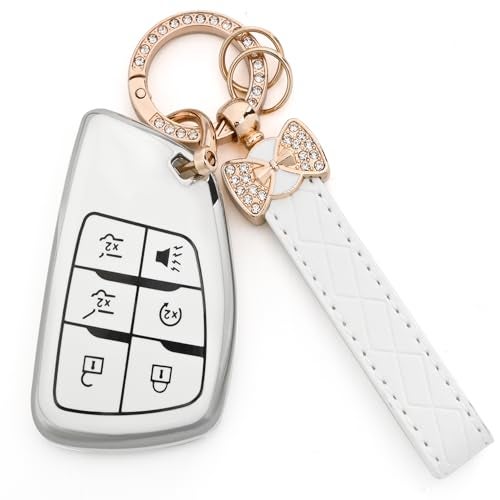 JAMCARI for Chevy Key Fob Cover Soft TPU Protection Case with Keychain for 20212025 Chevy Suburban Tahoe GMC Yukon Denali Silverado Buick Enclave Smart Remote Key Shell 6 Buttons White - Image 1