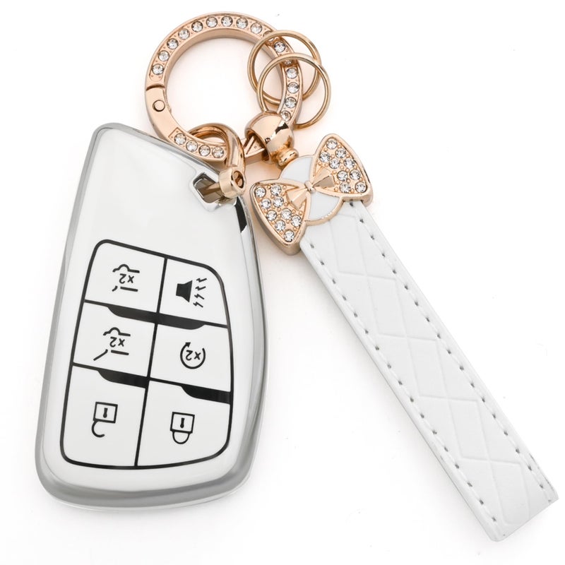 JAMCARI for Chevy Key Fob Cover Soft TPU Protection Case with Keychain for 20212025 Chevy Suburban Tahoe GMC Yukon Denali Silverado Buick Enclave Smart Remote Key Shell 6 Buttons White - Image 3