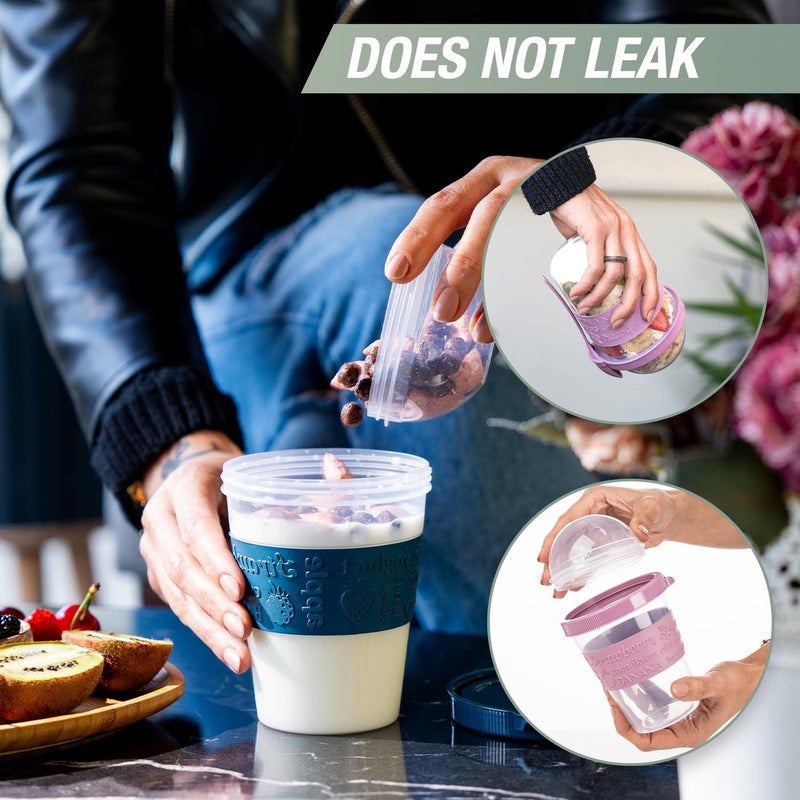 EYNEL 5 Pack On The Go Cereal Yogurt Cups with Lids and Spoon, Overnight Oats Container, Reusable Parfait Plastic Milk Jar Breakfast Crunch Granola Oatmeal Smoothie Snack Prep Bowl - Image 5